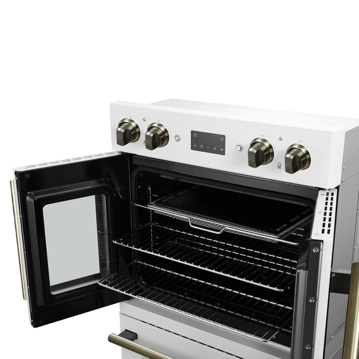 Forno Asti 30-Inch Double Electric Wall Oven with Upper French Doors in White with Antique Brass Trim (FBOEL1340-30WHT)