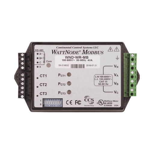 Wattnode Wide-Range Modbus Meter with Accu-CT Split-Core CTs - Front view of Wattnode Wide-Range Modbus Meter 