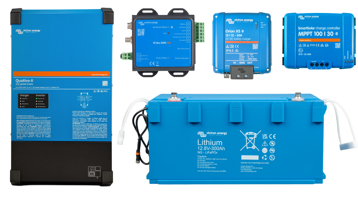 Victron super blue kit with Quattro-II 12V 3kVA 2x120, 12.8V 300Ah Lithium NG Battery, Orion XS 12/12-50A, SmartSolar 100/30 MPPT, and VE.Bus BMS NG.