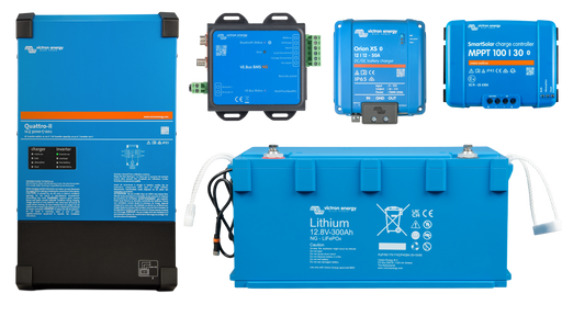 Victron super blue kit with Quattro-II 12V 3kVA 2x120, 12.8V 300Ah Lithium NG Battery, Orion XS 12/12-50A, SmartSolar 100/30 MPPT, and VE.Bus BMS NG.