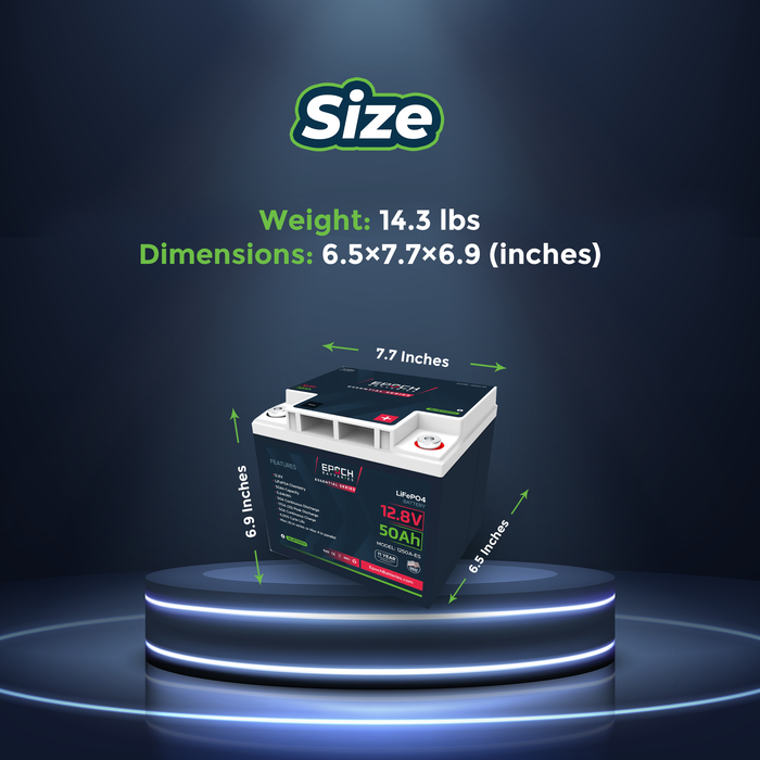 Epoch 12V 50Ah Essential Series LiFePO4 battery — size comparison