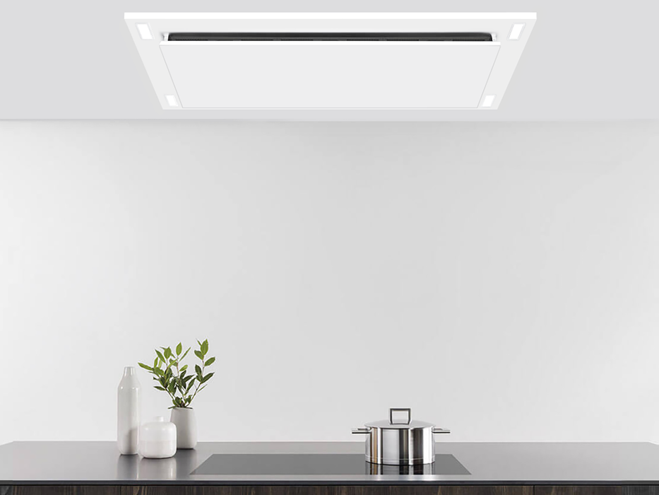 Victory Sunset white ceiling range hood angled view