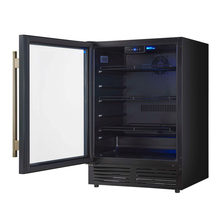 Forno Frescolino 24-Inch Beverage Cooler in Black with Antique Brass Handle, with LED Lighting, Triple Glass Door, 188 Can Capacity, Built-In or Freestanding (FWCDR6665-24BLK)