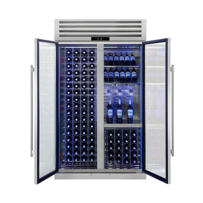 Forno Abruzzo 48-inch wine cooler in stainless steel front view with the doors open, alternate
