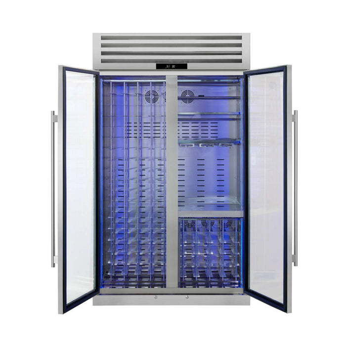 Forno Abruzzo 48-inch wine cooler in stainless steel front view with the door open