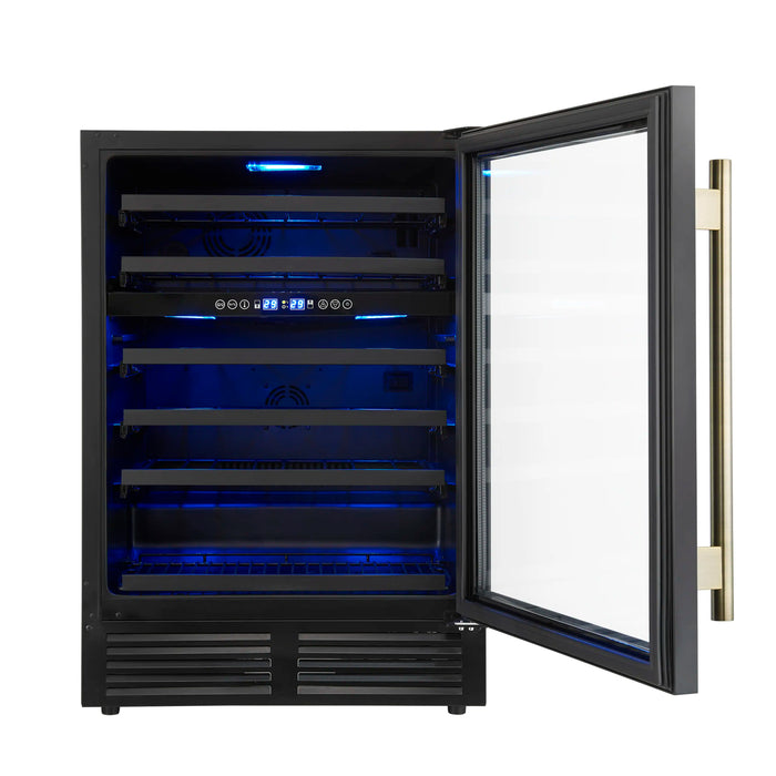 Forno Bachino 24-Inch Wine Cooler in Black with Antique Brass Handle, with LED Lighting, Triple Glass Door, & 51 Bottle Capacity (FWCDR6634-24BLK)