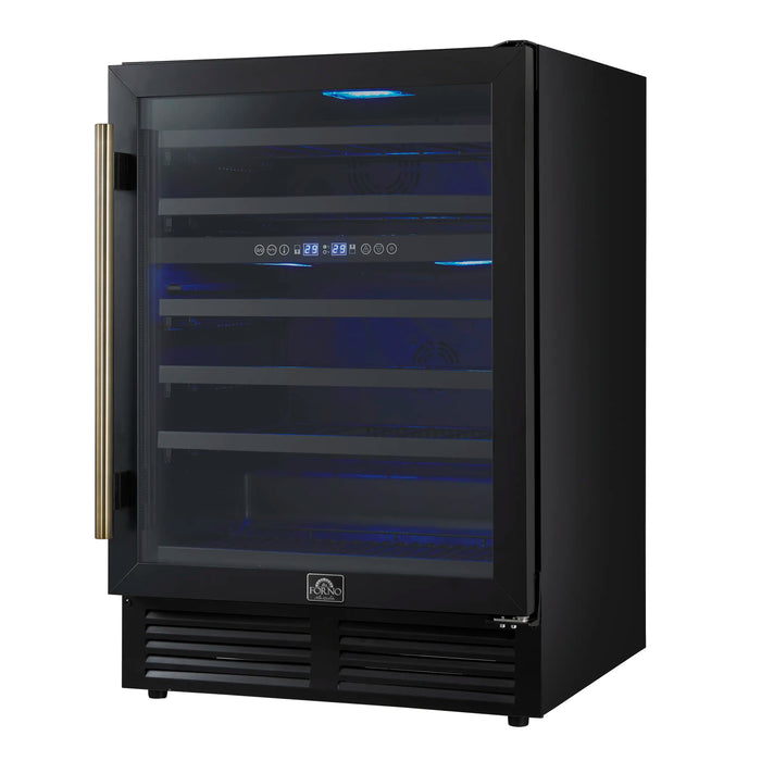 Forno Bachino 24-Inch Wine Cooler in Black with Antique Brass Handle, with LED Lighting, Triple Glass Door, & 51 Bottle Capacity (FWCDR6634-24BLK)