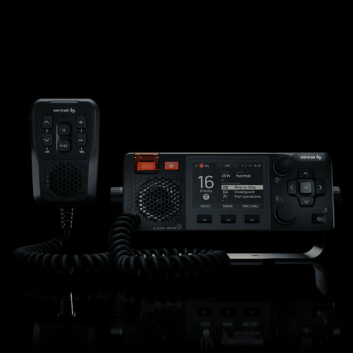 em-trak X100 VHF/DSC/AIS radio front panel with color display and fist mic
