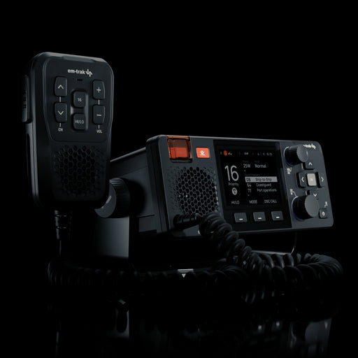em-trak X100 VHF/DSC marine radio with AIS Class B and fist mic, angled view