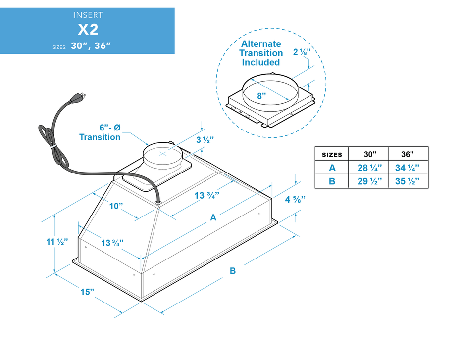 Victory X2 36 inch range hood insert dimensions diagram