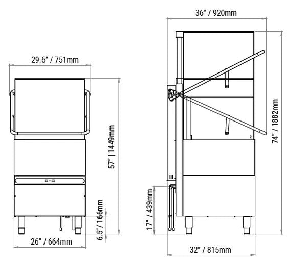 AMPTO Dishwasher, hood type, 34-5/8"W, high temperature, with 8.6kW booster heater, up to (30) racks per hour - 1510 AMPTO