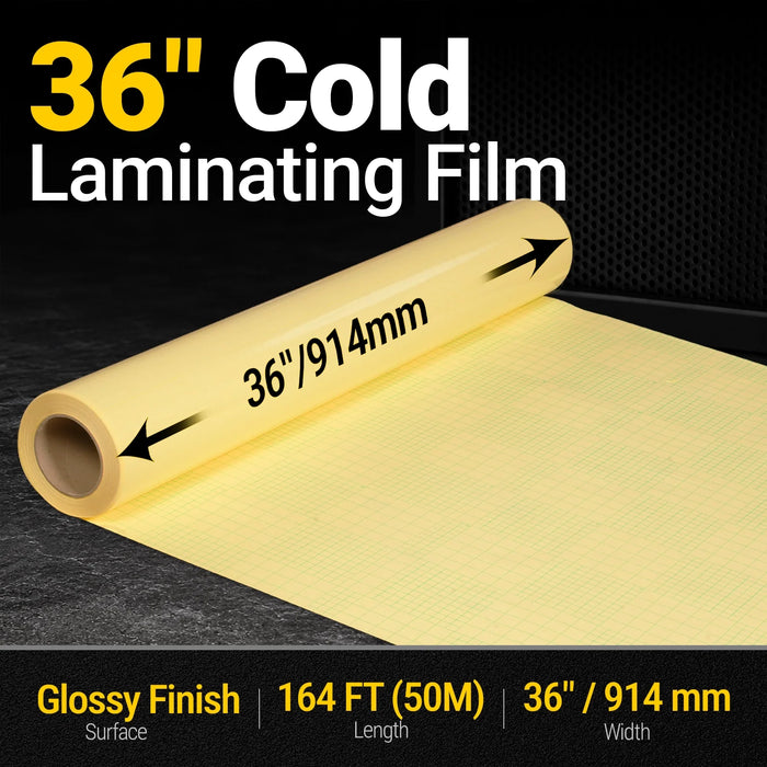 36" x 164 ft PVC Glossy Cold Laminating Film, Yellow Release Paper, for SKU: 501014, 501015, 501016, 501017, 501018, 501