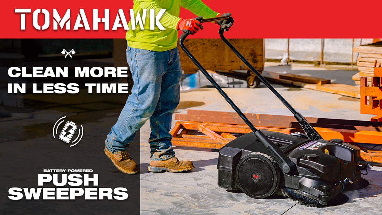 30" Battery Powered Push Sweeper with Triple Power Brooms Electric Drive and Dust Suppression Sprayer - side view