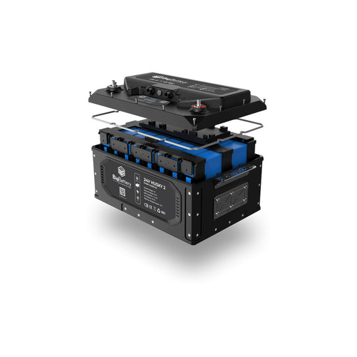 BigBattery - 24V HUSKY 2 - LiFePO4 Lithium Battery 5.12kWh - For RVs, Camper Vans & Commercial Vehicles - Rear view of BigBattery 24V HUSKY 2 depicted with top removed and internal parts showing