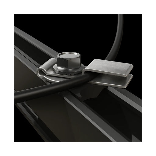 Pegasus Solar - Cable Grip - Close-up of a solar mounting clamp with silver bolt and metal bracket on a black base against a white background.