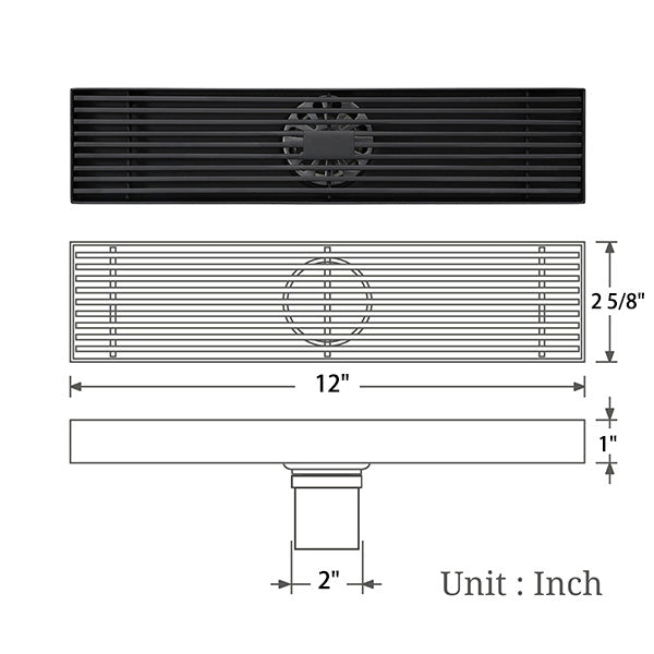 Cascada 12" Linear Drain Stainless Steel Floor Drain Rectangular Shower Drain - Matt Black - Dimensions