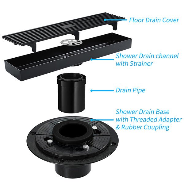Cascada 12" Linear Drain Stainless Steel Floor Drain Rectangular Shower Drain - Matt Black - Detail View