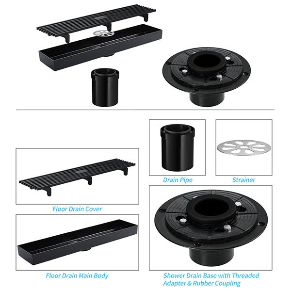 Cascada 12" Linear Drain Stainless Steel Floor Drain Rectangular Shower Drain - Matt Black - Features
