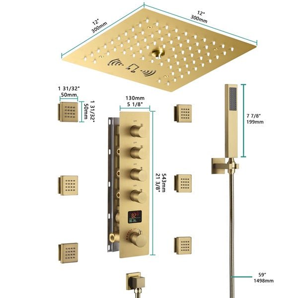 Cascada 12" Siena Digital Music LED Shower System - Dimensions