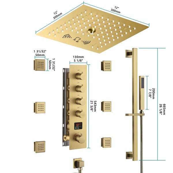 Cascada 12" Turin Digital LED Bluetooth Shower System - Dimensions