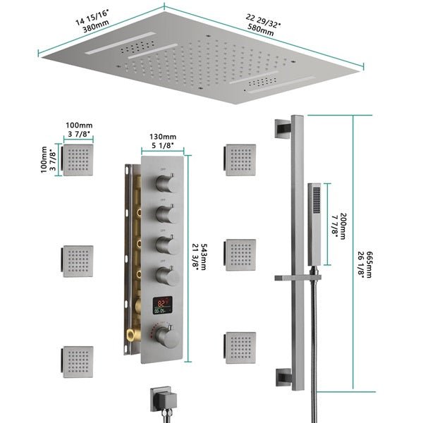 Cascada 15"x23" Catania Bluetooth LED Shower System - Dimensions