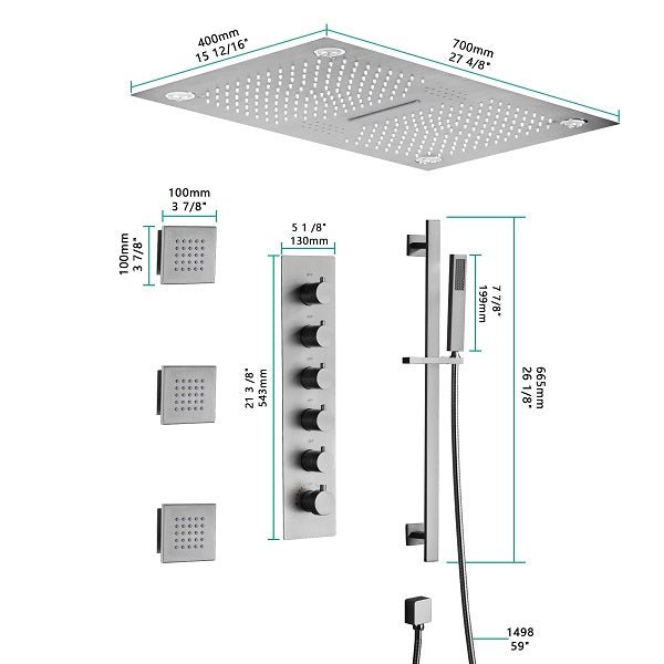 Cascada Laguna 16”x28” Music LED shower system - Dimensions