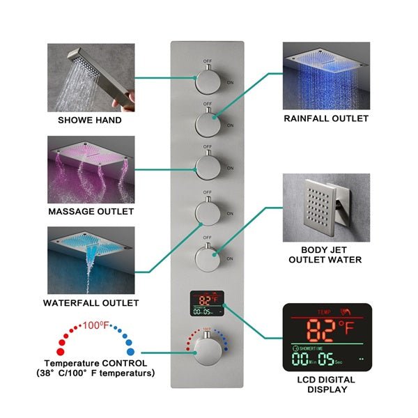 Cascada 16"x28" Sorrento Digital Rainfall LED music Shower System - Detail View