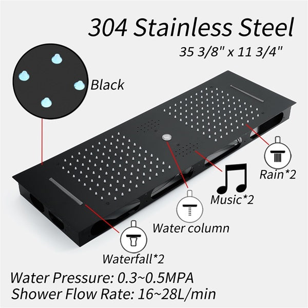 Cascada Artemisia 12"x36" Matte Black LED Music Digital Large Shower System - Dimensions