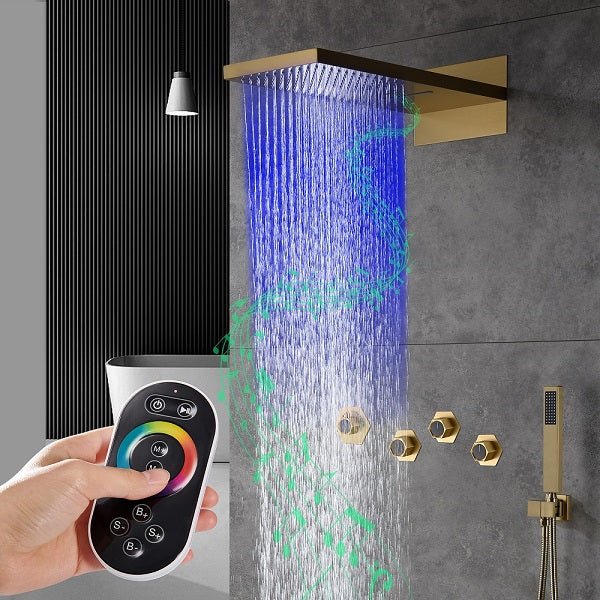 Cascada Aspen 9"x22" Brushed Gold LED Shower System - Side View