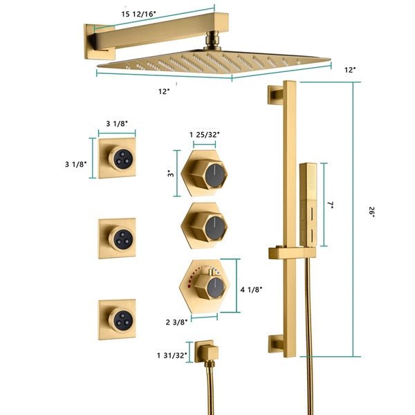 Cascada Barcelona 12" Brushed Gold Rain Shower Set - Dimensions