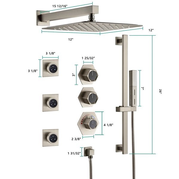 Cascada Barcelona 12" Brushed Nickel Rain Shower Set - Dimensions