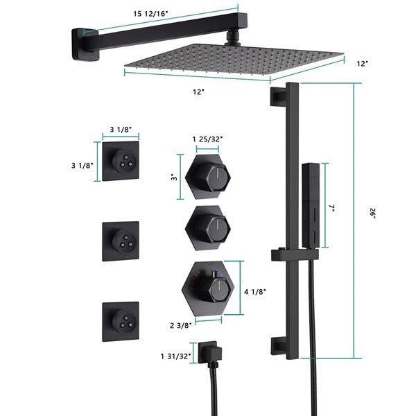 Cascada Barcelona 12" Rainfall Shower Set - Dimensions