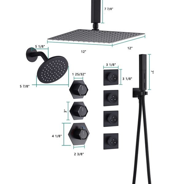 Cascada Bilbao 16" Matte Black Dual Shower Head System - Dimensions