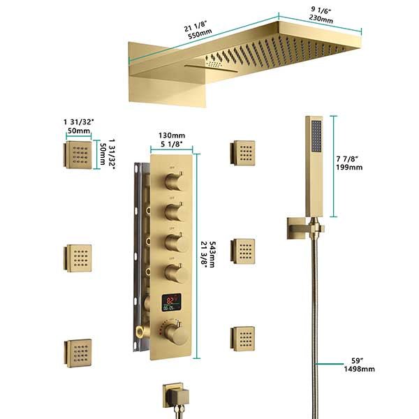 Cascada Bologna 9"x22" Digital LED Music Shower System - Dimensions