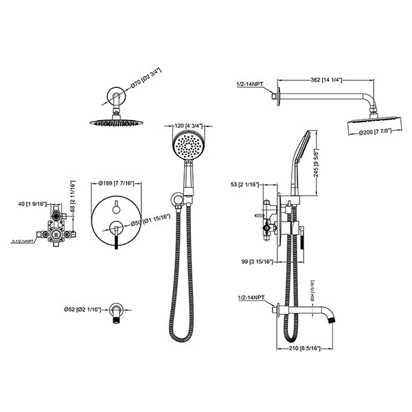 Cascada Bronzo 8" Shower Set with Bathtub Spout - Side View