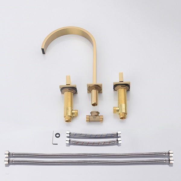 Cascada Brushed Gold Waterfall Sink Faucet with Dual Square Handles - Close-Up