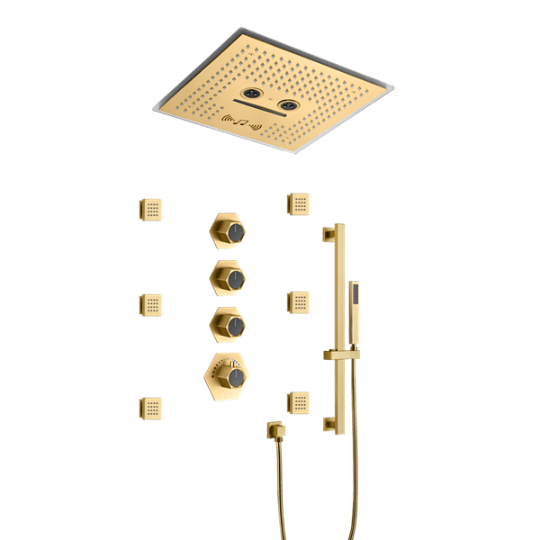 Cascada Davos 16" Brushed Gold LED Music Shower System - Dimensions