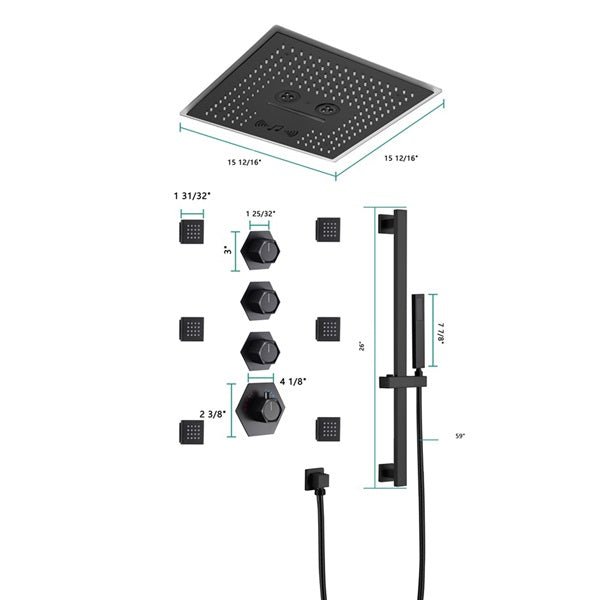 Cascada Davos 16" Matte Black LED Music Shower System - Close-Up