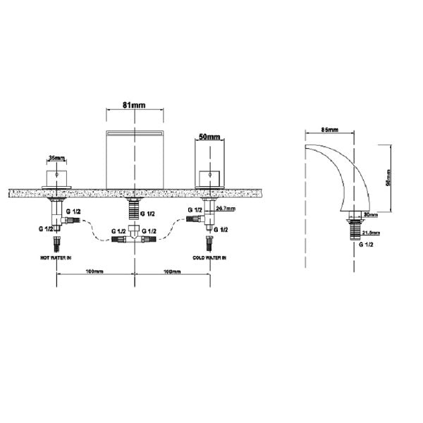 Cascada Deck Mounted Waterfall Bathroom Sink Faucet - Side View