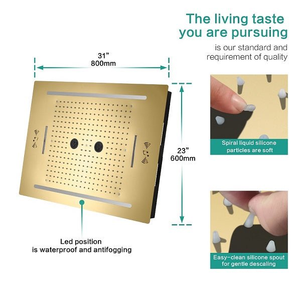 Cascada Florence 23"x31" Brushed Gold Music LED Shower Head - Close-Up