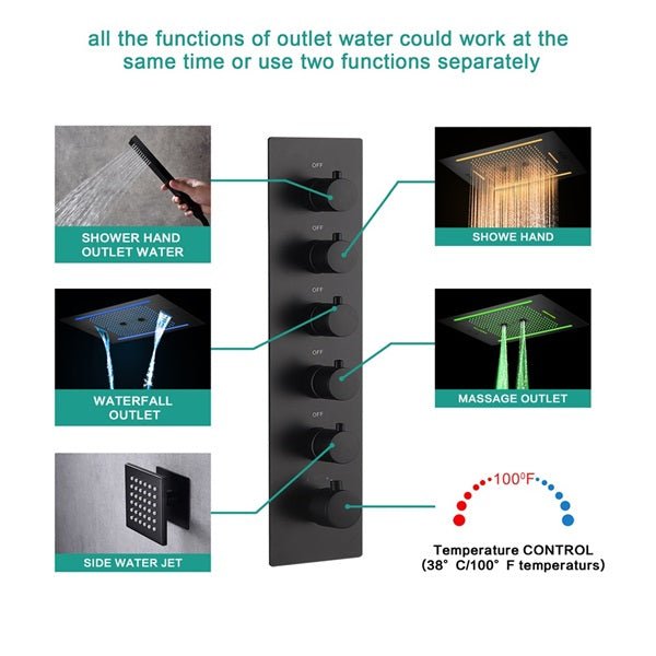 Cascada Florence 23"x31" Matte Black Music LED Shower System - Detail View