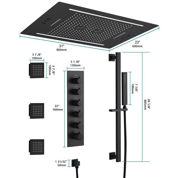 Cascada Florence 23"x31" Matte Black Music LED Shower System - Dimensions