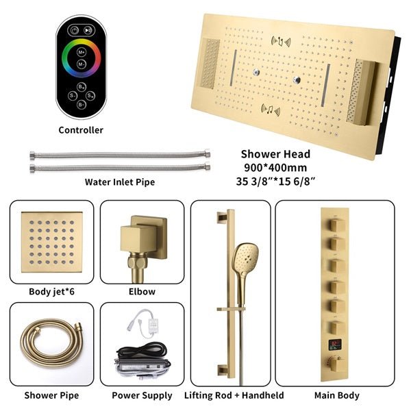 Cascada Genoa 16"x36" Brushed Gold Music LED Digital Shower System - Close-Up