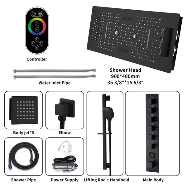 Cascada Genoa 16"x36" Matte Black Music LED Digital Shower System - Close-Up