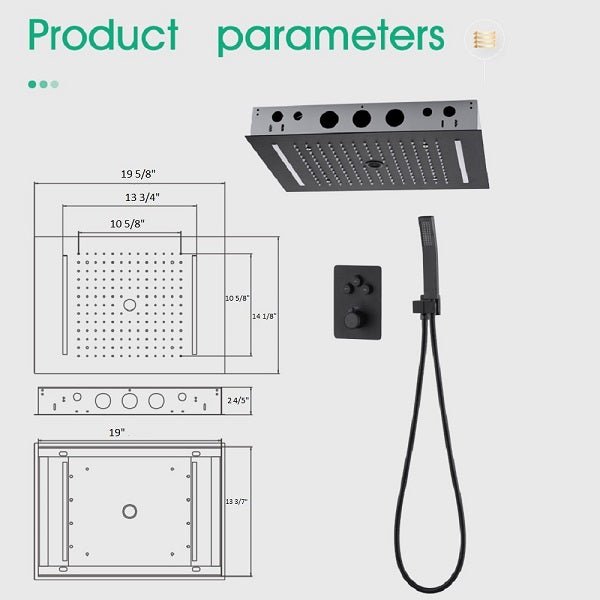 Cascada Genova 14"x20" Rainfall LED Shower Set - Dimensions