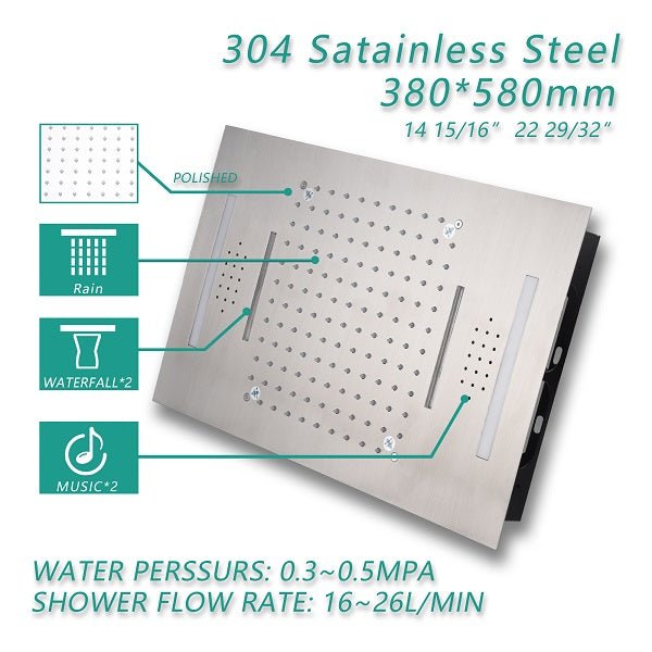 Cascada Serenity 15" x 23" Luxury LED Music Shower System with Bluetooth Speakers, 4-Function Rainfall... - View 9