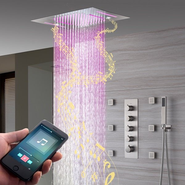 Cascada Serenity 15" x 23" Luxury LED Music Shower System with Bluetooth Speakers, 4-Function Rainfall... - Side View