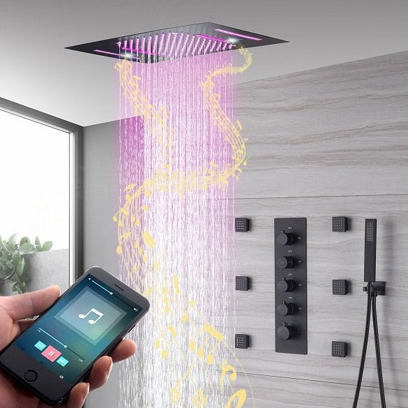 Cascada Showers 15"x23” Cascada Serenity Luxury LED Music Shower System, 4-Function Rainfall, Waterfall, Body Jets - Main...