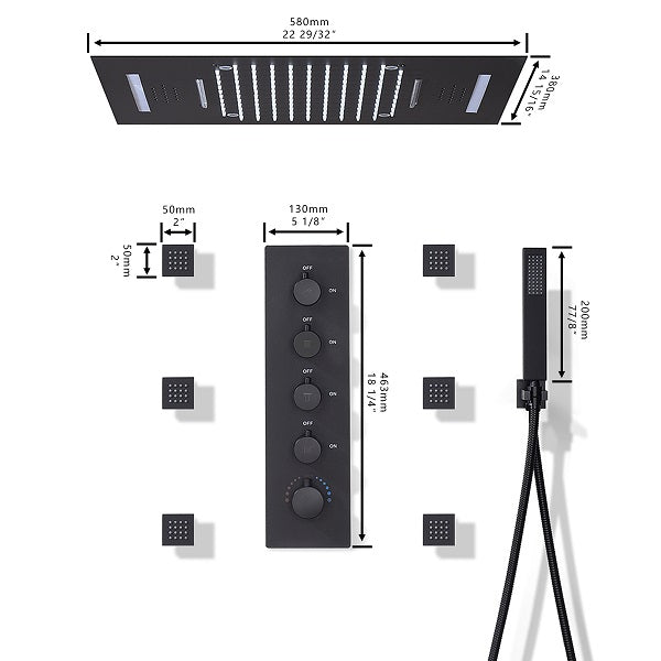 Cascada Showers 15"x23” Cascada Serenity Luxury LED Music Shower System, 4-Function Rainfall, Waterfall, Body Jets -...