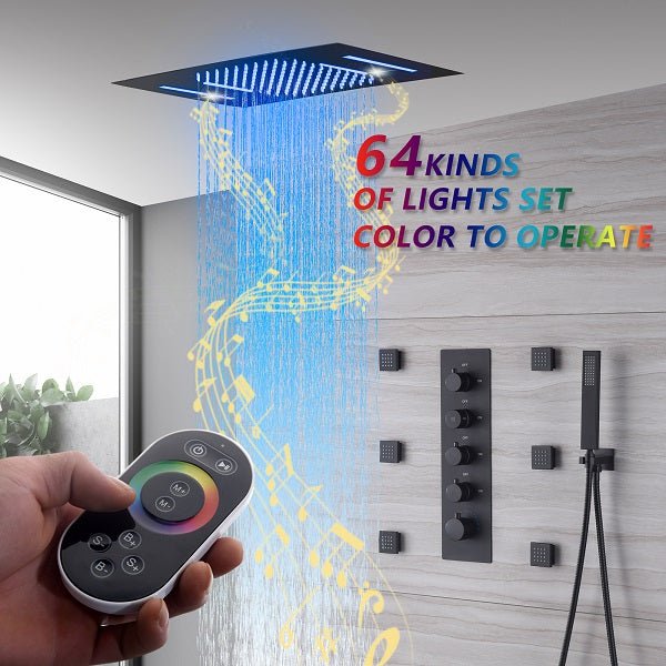 Cascada Showers 15"x23” Cascada Serenity Luxury LED Music Shower System, 4-Function Rainfall, Waterfall, Body Jets -...